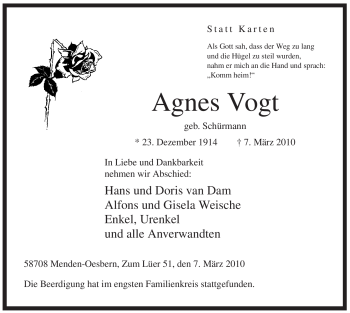 Todesanzeige von Agnes Vogt von WESTFÄLISCHER ANZEIGER