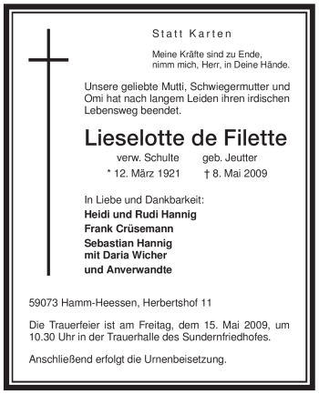 Todesanzeige von Lieselotte Filette von WESTFÄLISCHER ANZEIGER