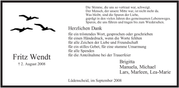 Todesanzeige von Fritz Wendt von WESTFÄLISCHER ANZEIGER