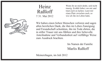 Todesanzeige von Heinz Raßloff von WESTFÄLISCHER ANZEIGER