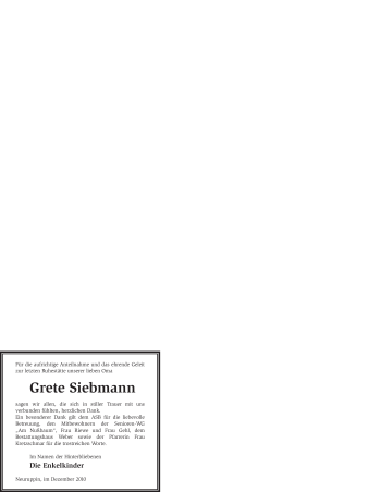 Todesanzeige von Grete Siebmann von WESTFÄLISCHER ANZEIGER