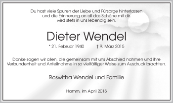 Todesanzeige von Dieter Wendel von MZV