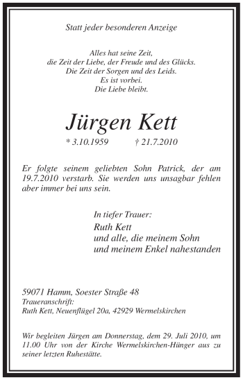 Todesanzeige von Jürgen Kett von WESTFÄLISCHER ANZEIGER