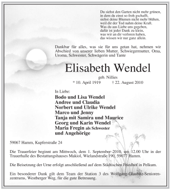Todesanzeige von Elisabeth Wendel von WESTFÄLISCHER ANZEIGER