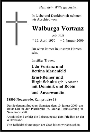 Todesanzeige von Walburga Vortanz von WESTFÄLISCHER ANZEIGER