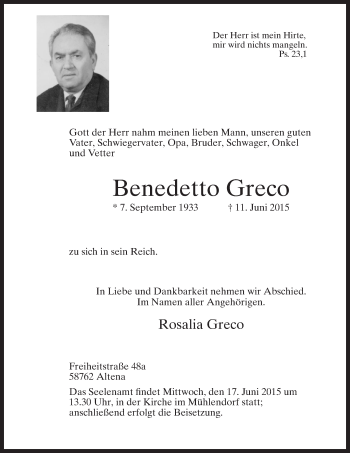 Todesanzeige von Benedetto Greco von MZV