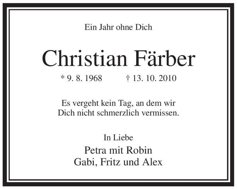 Traueranzeige für Christian Färber vom 13.10.2011 aus WESTFÄLISCHER ANZEIGER