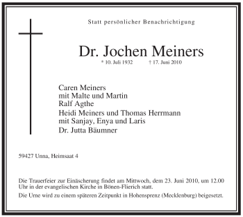 Todesanzeige von Jochen Meiners von WESTFÄLISCHER ANZEIGER