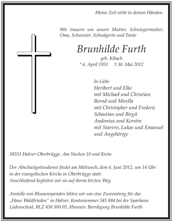 Todesanzeige von Brunhilde Furth von WESTFÄLISCHER ANZEIGER