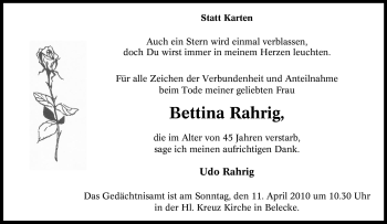 Todesanzeige von Bettina Rahrig von WESTFÄLISCHER ANZEIGER