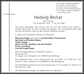 Todesanzeige von Hedwig Becker von WESTFÄLISCHER ANZEIGER