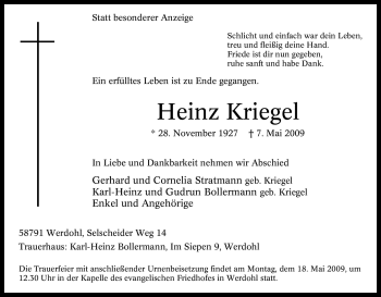 Todesanzeige von Heinz Kriegel von WESTFÄLISCHER ANZEIGER