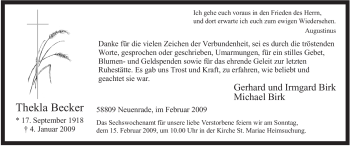 Todesanzeige von Thekla Becker von WESTFÄLISCHER ANZEIGER