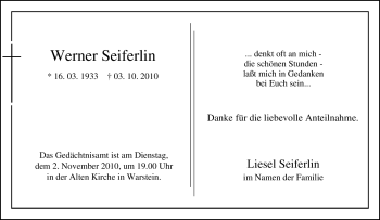 Todesanzeige von Werner Seiferlin von WESTFÄLISCHER ANZEIGER
