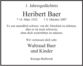 Todesanzeige von Heribert Baer von WESTFÄLISCHER ANZEIGER