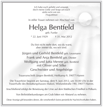 Todesanzeige von Helga Bentfeld von WESTFÄLISCHER ANZEIGER