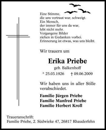 Todesanzeige von Erika Priebe von WESTFÄLISCHER ANZEIGER