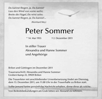 Todesanzeige von Peter Sommer von WESTFÄLISCHER ANZEIGER