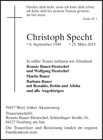 Todesanzeige von Christoph Specht von MZV