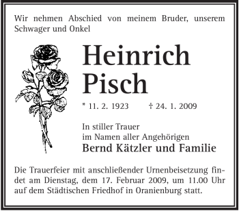 Todesanzeige von Heinrich Pisch von WESTFÄLISCHER ANZEIGER