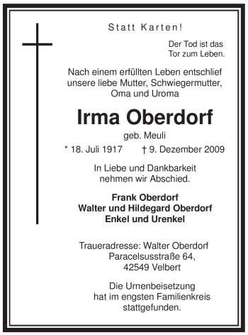 Todesanzeige von Irma Oberdorf von WESTFÄLISCHER ANZEIGER