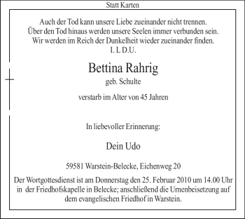 Todesanzeige von Bettina Rahrig von WESTFÄLISCHER ANZEIGER