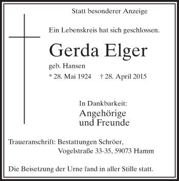 Todesanzeige von Gerda Elger von MZV