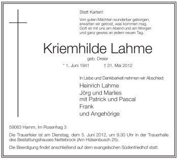 Todesanzeige von Kriemhilde Lahme von WESTFÄLISCHER ANZEIGER