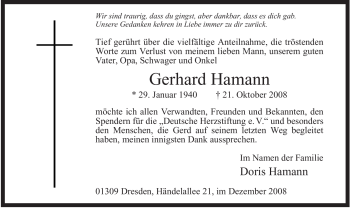 Todesanzeige von Gerhard Hamann von WESTFÄLISCHER ANZEIGER