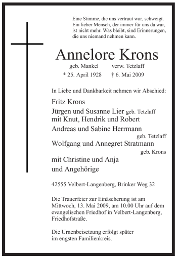 Todesanzeige von Annelore Krons von WESTFÄLISCHER ANZEIGER