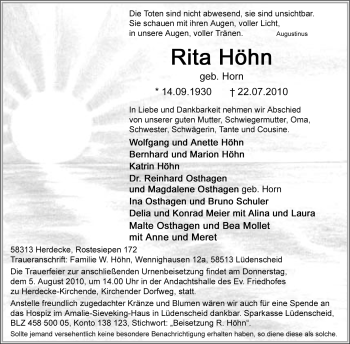 Todesanzeige von Rita Höhn von WESTFÄLISCHER ANZEIGER