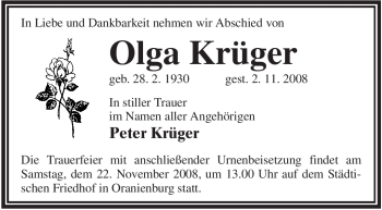 Todesanzeige von Olga Krüger von WESTFÄLISCHER ANZEIGER