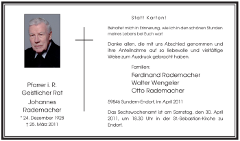 Todesanzeige von Johannes Rademacher von WESTFÄLISCHER ANZEIGER