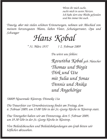Todesanzeige von Hans Kobal von WESTFÄLISCHER ANZEIGER