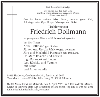 Todesanzeige von Friedrich Dollmann von WESTFÄLISCHER ANZEIGER