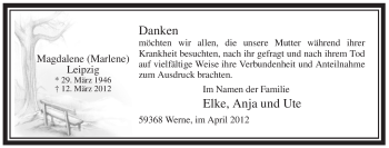 Todesanzeige von Magdalene Leipzig von WESTFÄLISCHER ANZEIGER
