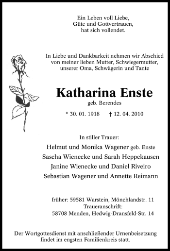 Todesanzeige von Katharina Enste von WESTFÄLISCHER ANZEIGER