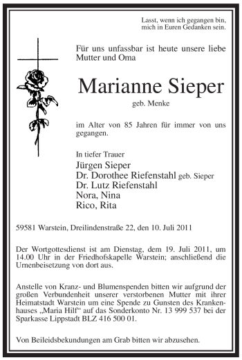 Todesanzeige von Marianne Sieper von WESTFÄLISCHER ANZEIGER