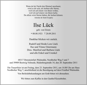 Todesanzeige von Ilse Lück von WESTFÄLISCHER ANZEIGER