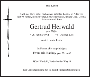 Todesanzeige von Hildegard Lenzewski von WESTFÄLISCHER ANZEIGER