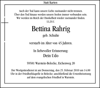 Todesanzeige von Bettina Rahrig von WESTFÄLISCHER ANZEIGER
