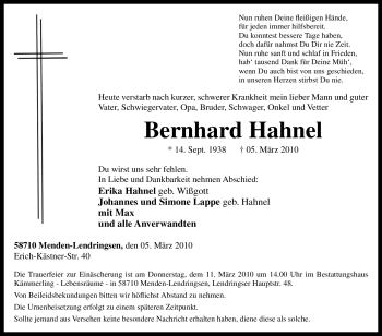 Todesanzeige von Bernhard Hahnel von WESTFÄLISCHER ANZEIGER