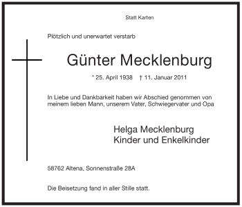 Todesanzeige von Günter Mecklenburg von WESTFÄLISCHER ANZEIGER