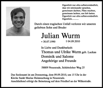 Todesanzeige von Julian Wurm von WESTFÄLISCHER ANZEIGER
