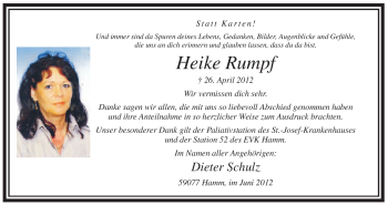 Todesanzeige von Heike Rumpf von WESTFÄLISCHER ANZEIGER