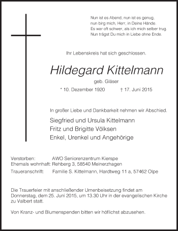 Todesanzeige von Hildegard Kittelmann von MZV
