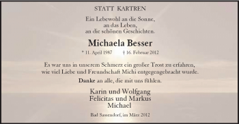 Todesanzeige von Michaela Besser von WESTFÄLISCHER ANZEIGER