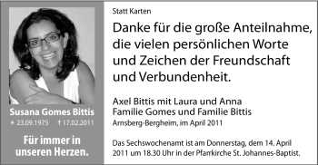 Todesanzeige von Susana Gomes Bittis von WESTFÄLISCHER ANZEIGER