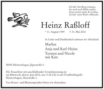 Todesanzeige von Heinz Raßloff von WESTFÄLISCHER ANZEIGER