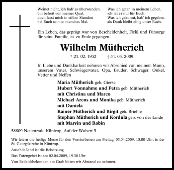 Todesanzeige von Wilhelm Mütherich von WESTFÄLISCHER ANZEIGER
